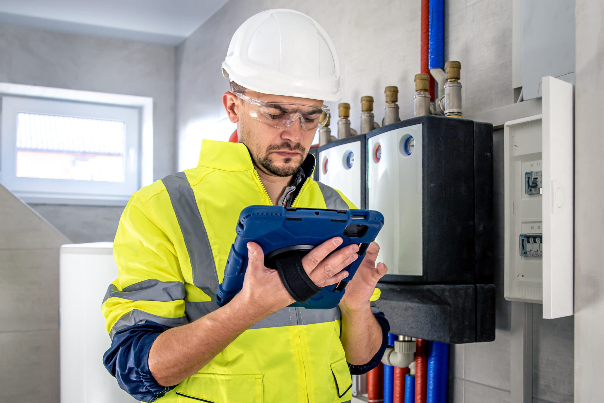 Electrician working on switchboard with tablet