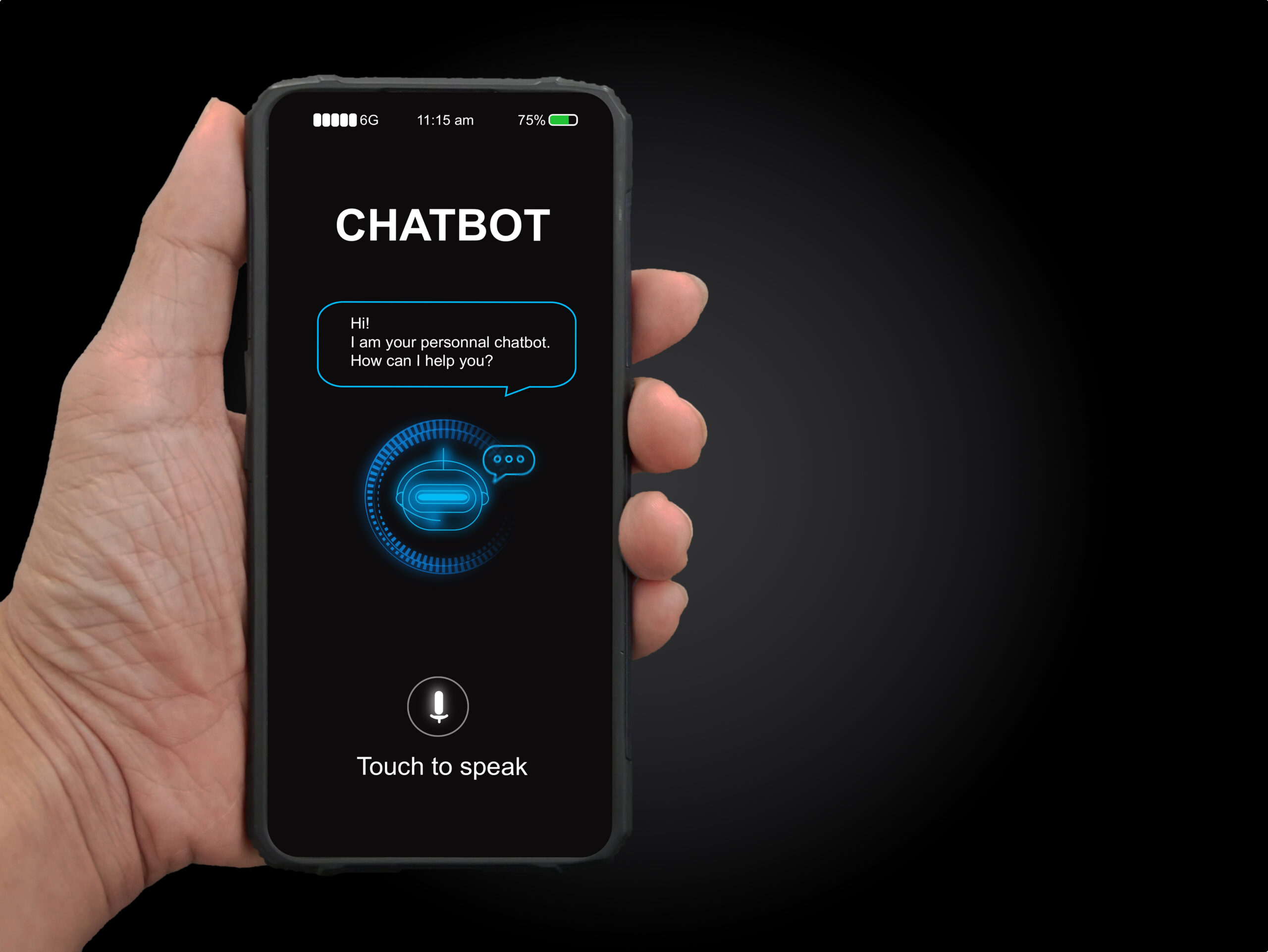 Hand holding smartphone showing chatbot interface